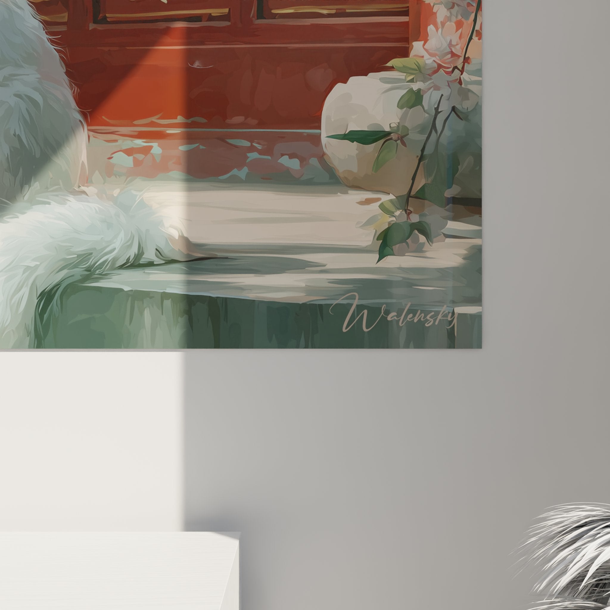 Overview wall art Turkish Angora cat temple red with Japanese cherry blossom branches