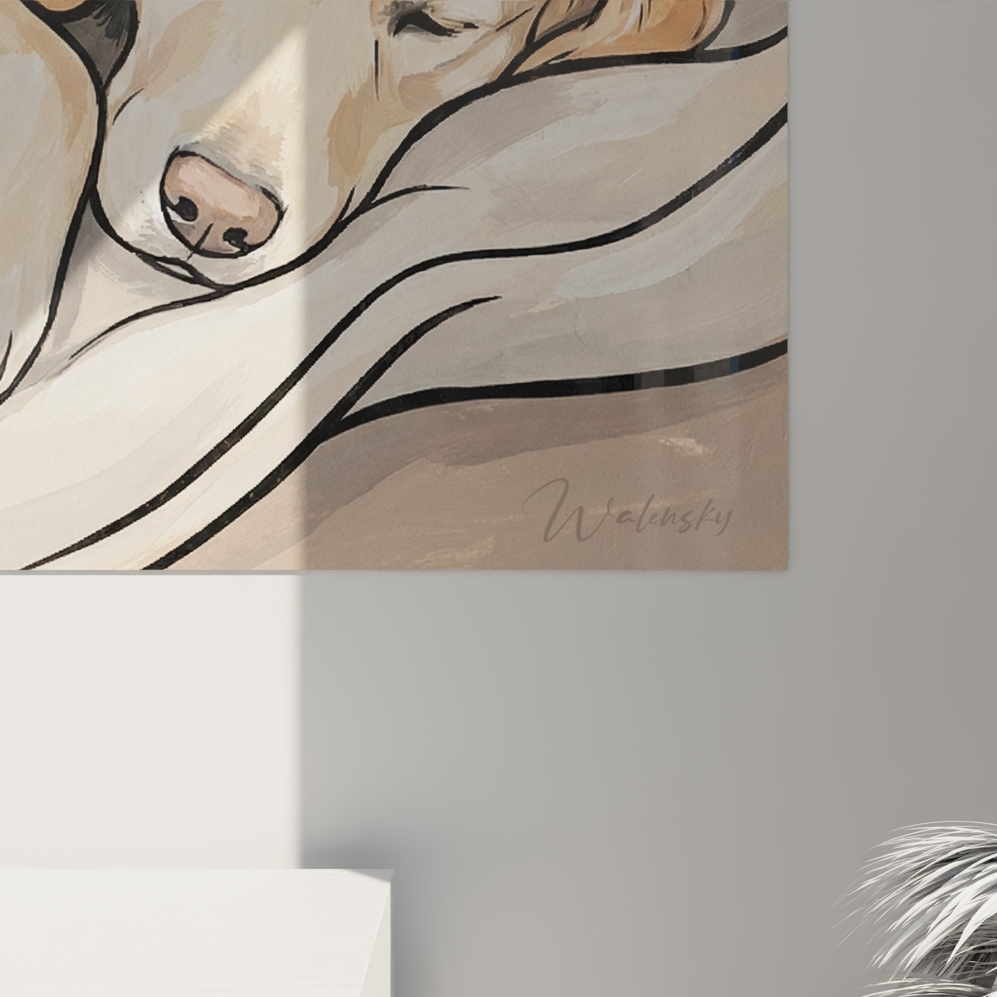 Vista d'insieme quadro murale gatto cane che dormono decorazione interni stile artistico toni caldi beige