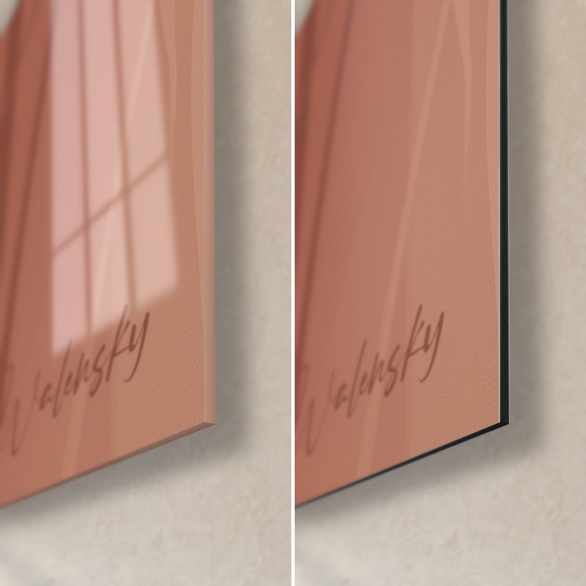 Cuadro de gato geométrico, esquina inferior derecha: cristal acrílico brillante con reflejos a la izquierda, aluminio Dibond mate rosa terracota a la derecha