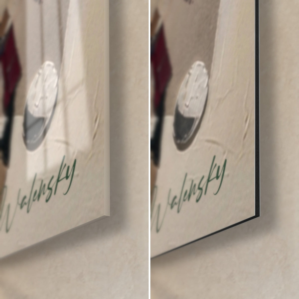 Wall art cubist polo, bottom right corner: glossy acrylic glass with reflections on the left, matte Dibond aluminum on the right, 3 mm edge, green Walensky signature