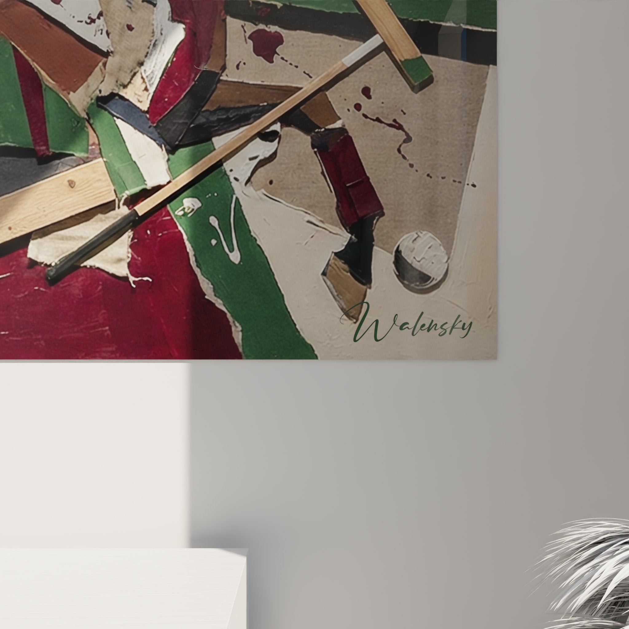 Full view cubist polo painting modern interior decoration contemporary equestrian wall art