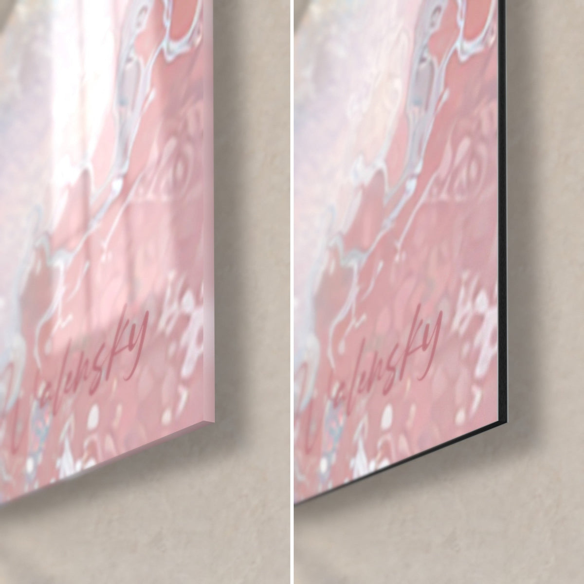 Schilderij witte kat tussen pastelkleurige golven, rechtsonder: roze handtekening, glanzend acrylglas en mat zwart Dibond-aluminium