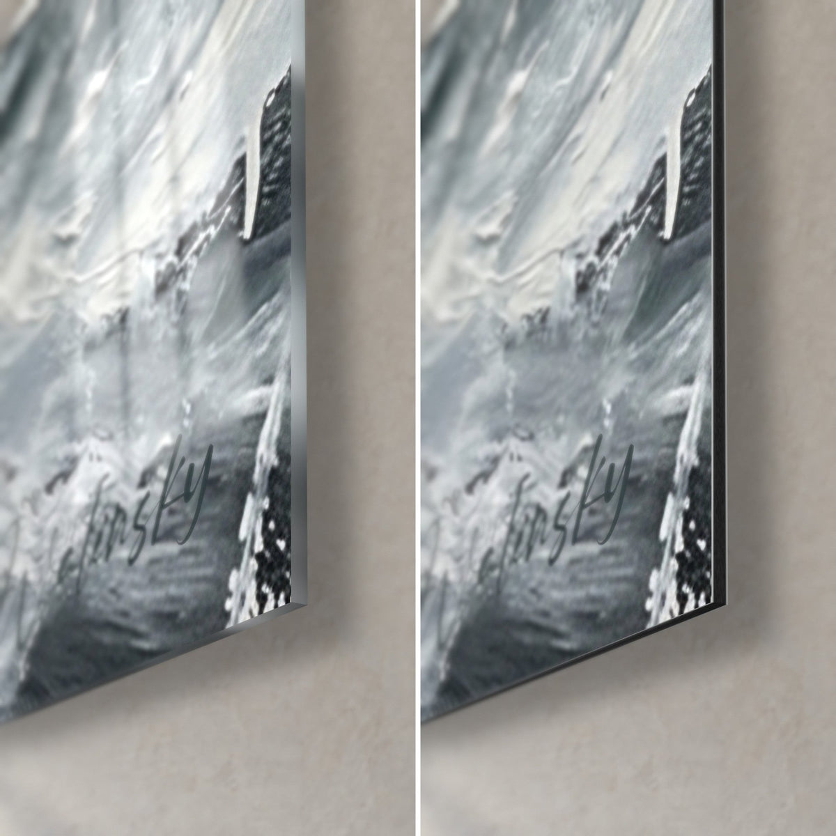 Quadro delle mura di Saint-Malo sotto la tempesta, angolo in basso a destra: colature bianche spesse su ardesia, vetro lucido e Dibond opaco, spessore 3 mm