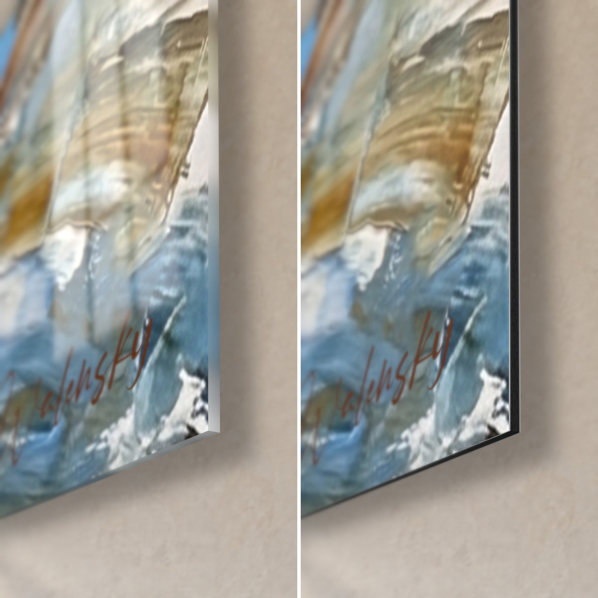 Wall art paddlers in life jackets, bottom right corner in glossy glass and matte Dibond aluminium, red signature, 3 mm edge