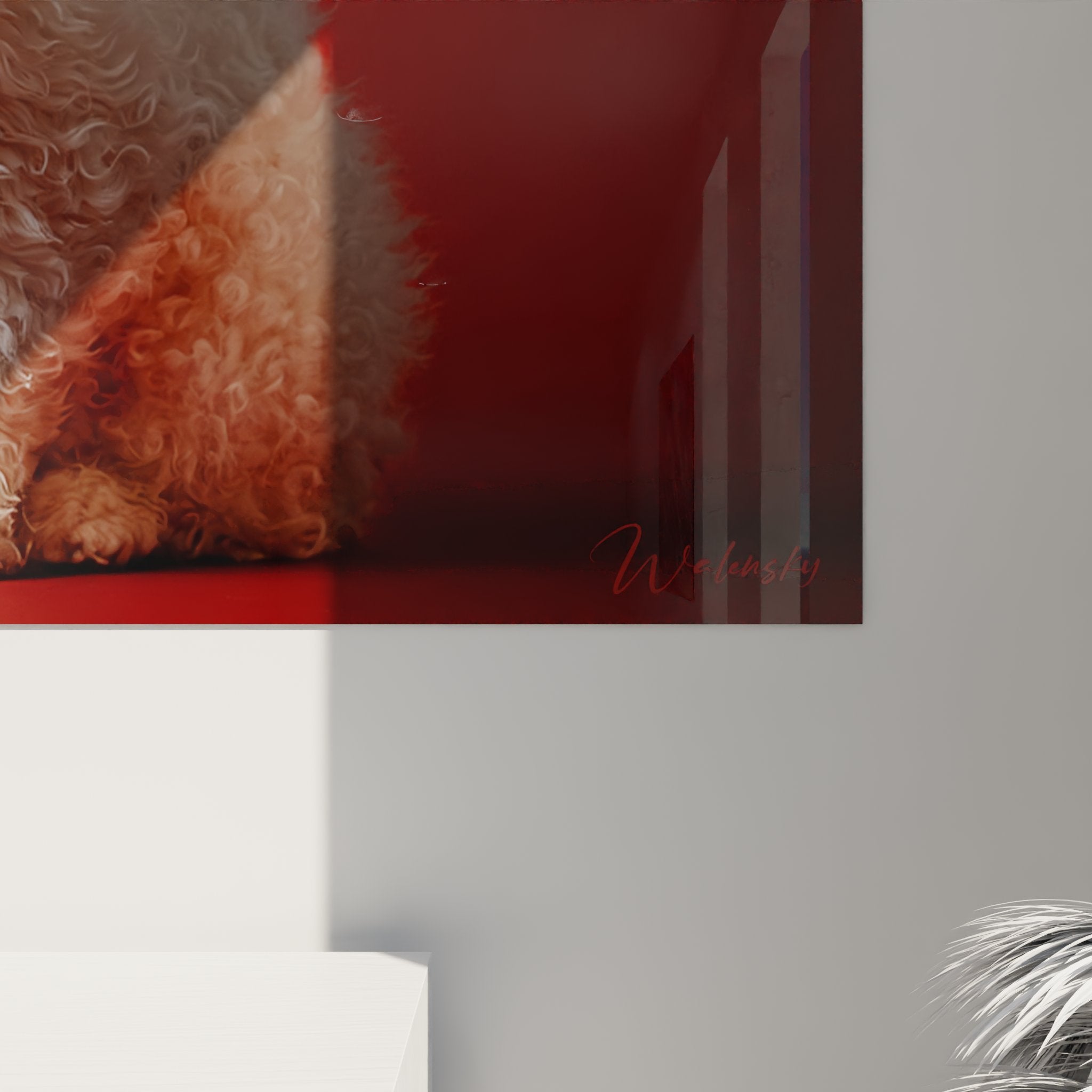 Vue d'ensemble tableau mural chat Selkirk Rex blanc, art decoratif felin pour interieur design