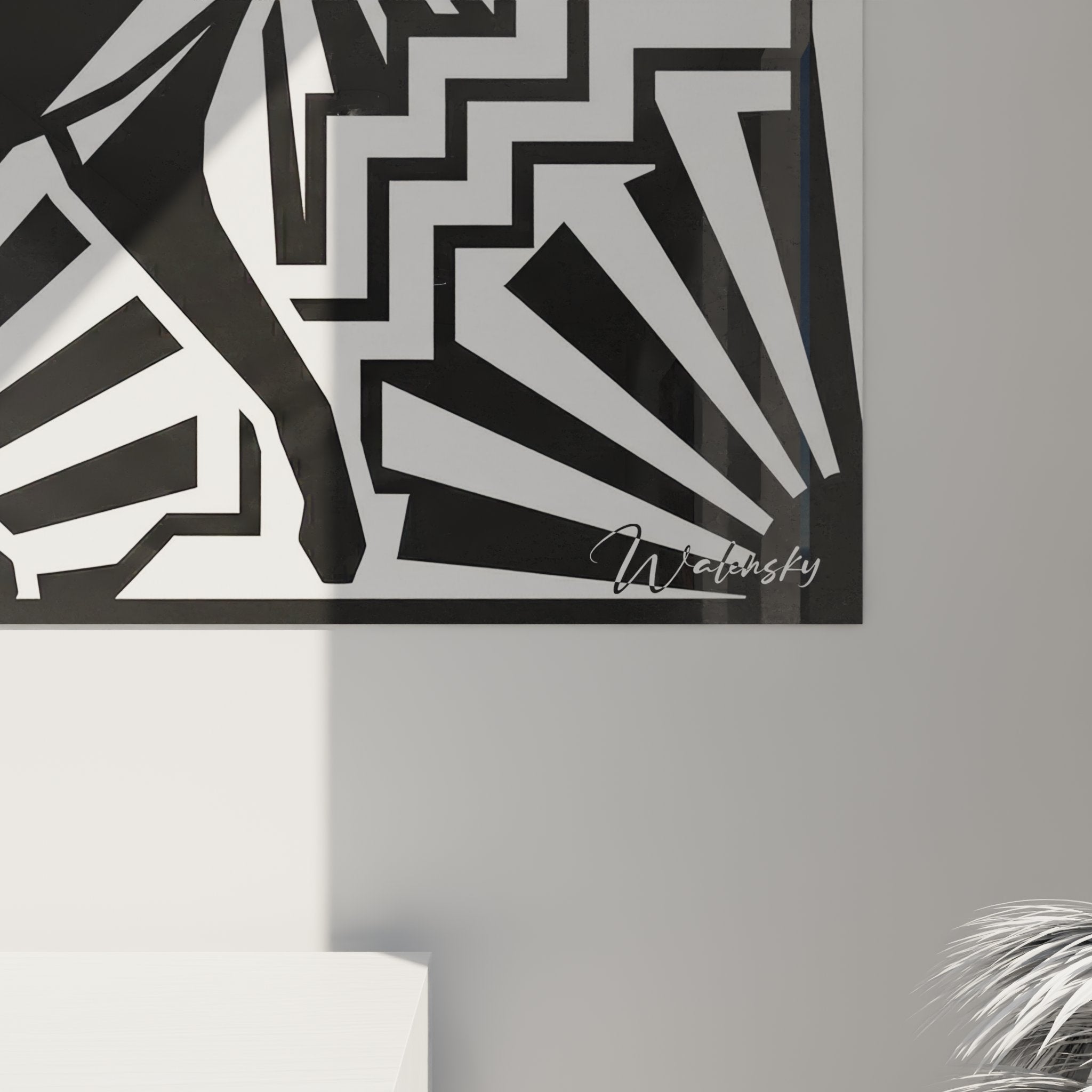 Vista generale quadro murale gatto orientale design geometrico bianco nero decorazione contemporanea