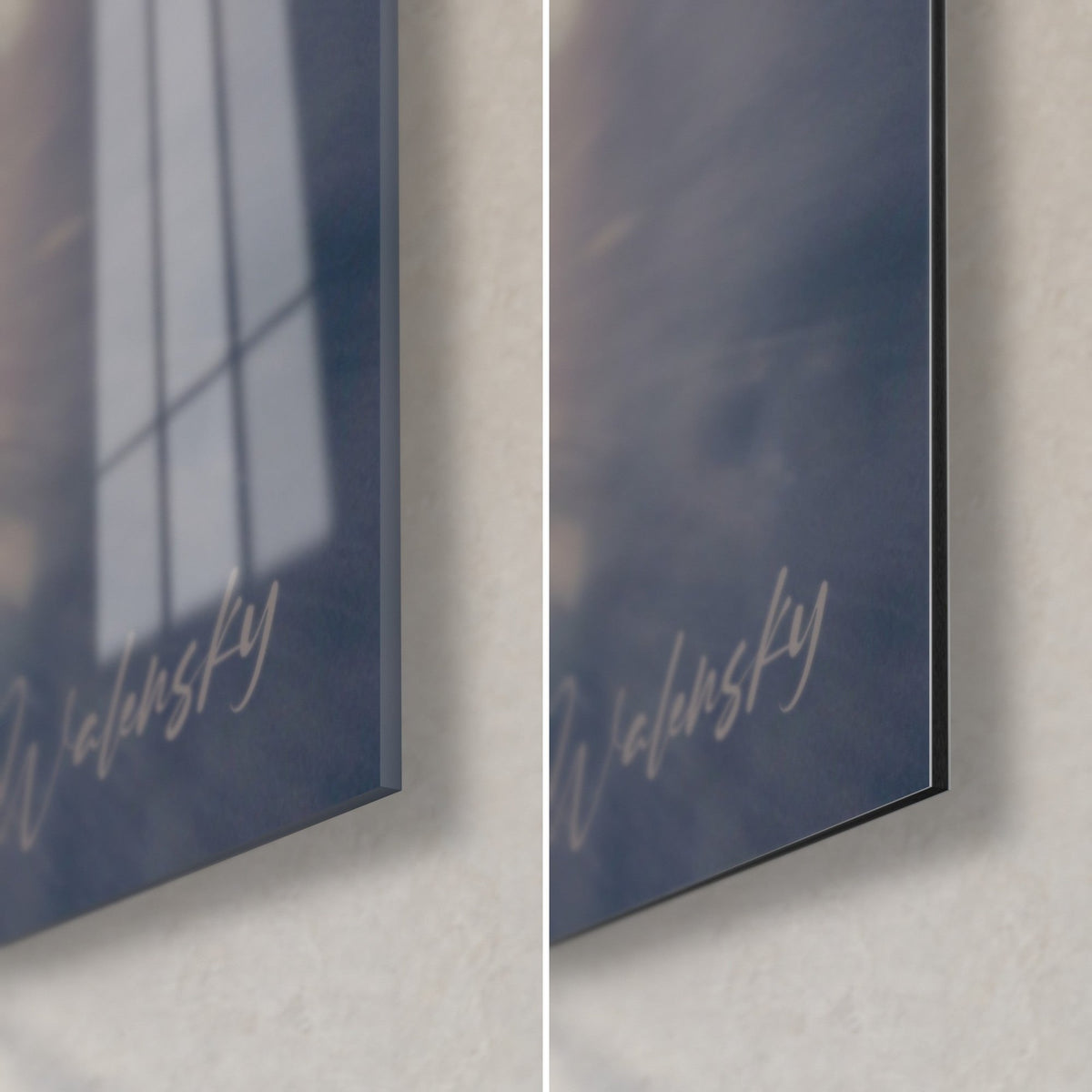 Wall art rider in full flight, bottom right corner: glossy acrylic glass on the left, matte Dibond aluminum on the right, 3 mm edge visible