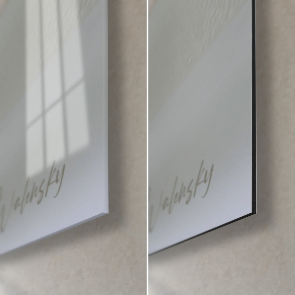 Tableau chat balinais blanc, coin bas droit : verre acrylique brillant à gauche, Dibond gris mat à droite, tranche noire de 3 mm