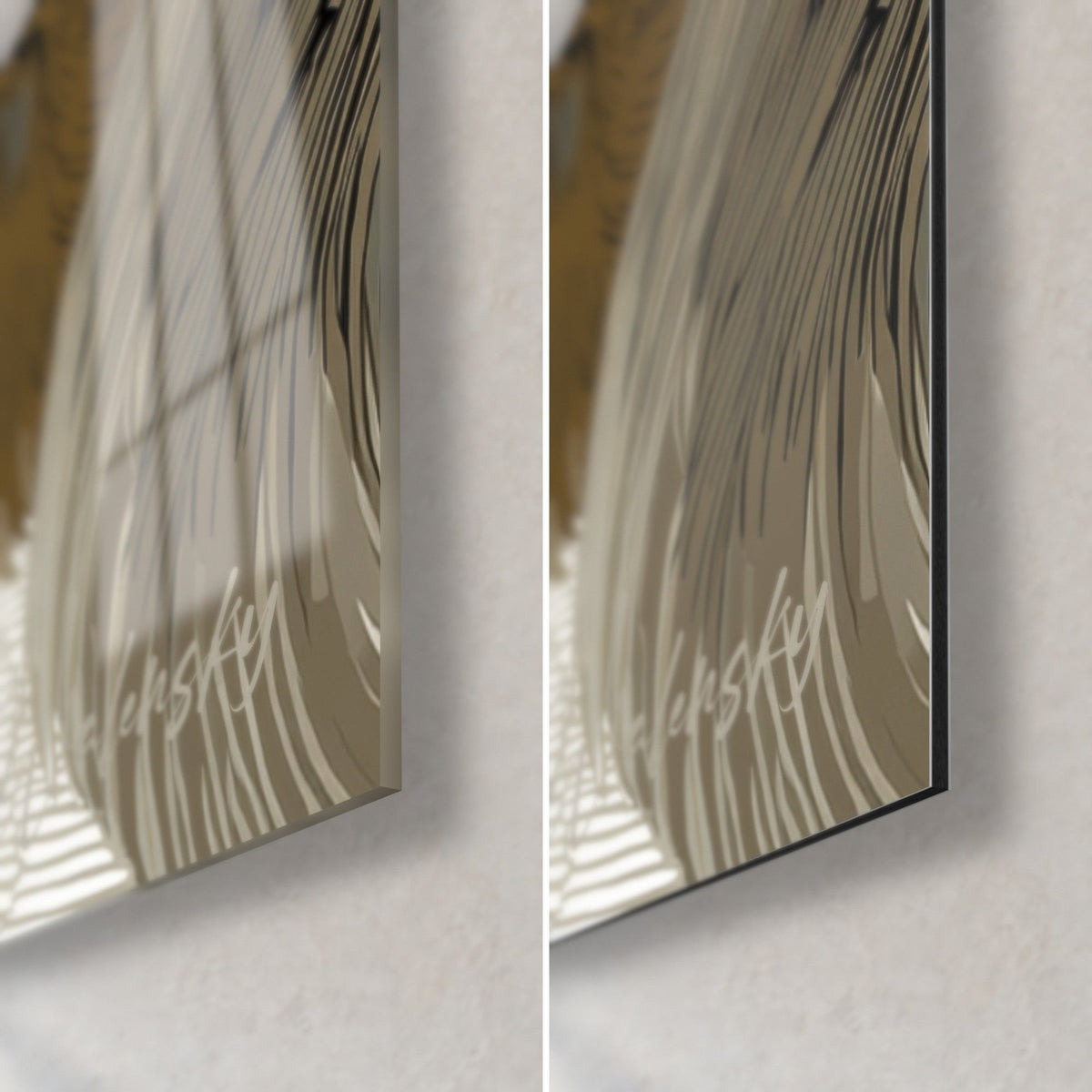 Gemälde Sibirischer Kater, untere rechte Ecke: glänzendes Glas links, matt Dibond rechts, elfenbeinfarbenes und taupefarbenes Fell, 3 mm Kante