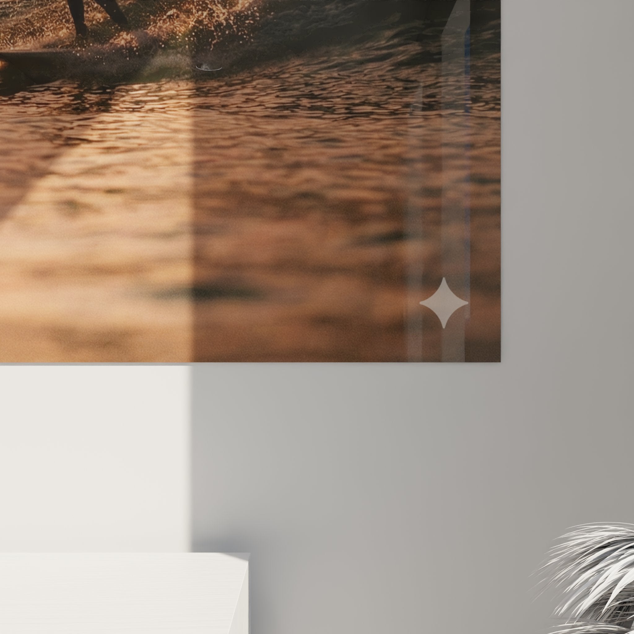 Vue d'ensemble tableau surf sunset mural, surfeur équilibre vague dorée, lumière cuivrée océan californien