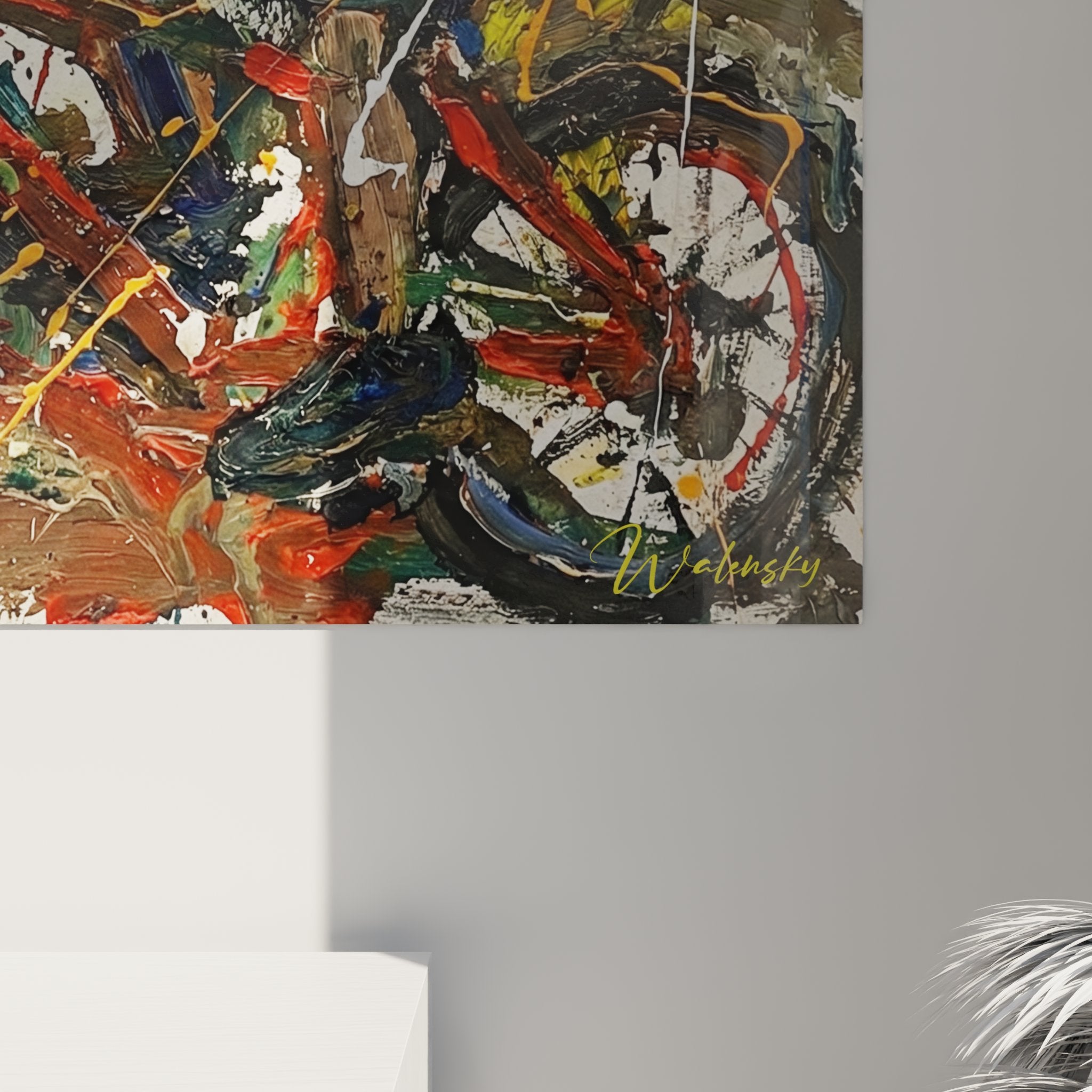 Vue ensemble tableau VTT abstrait mural, œuvre art contemporain decoration interieur moderne cyclisme