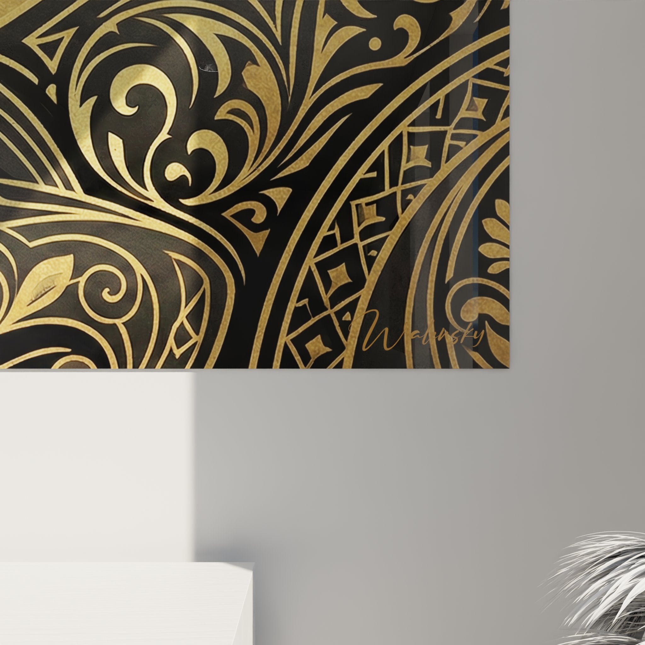 Overview of decorative Oriental cat artwork in Art Deco style with contrasting gold and black palette