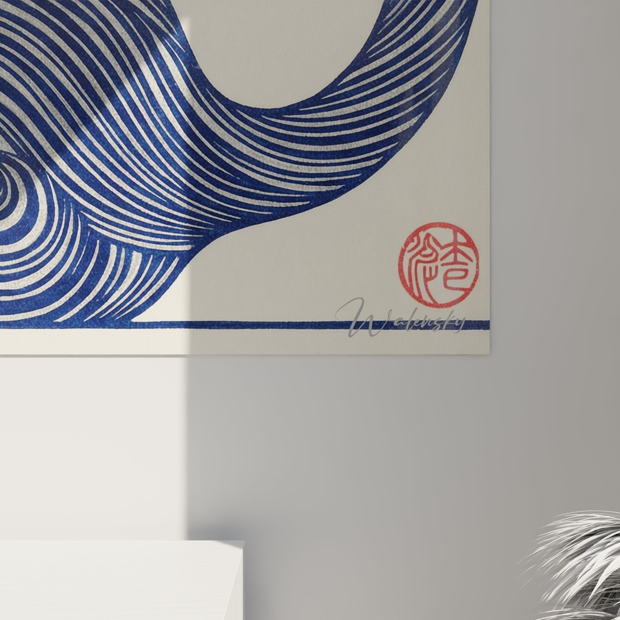 Vue d'ensemble tableau mural chat stylise bleu dans interieur moderne, decoration murale artistique