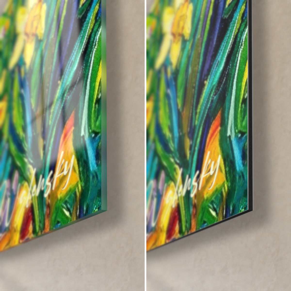 Tableau voiliers sur un lac, coin bas droit : feuilles vertes et jonquille orange, verre brillant à gauche, Dibond mat à droite