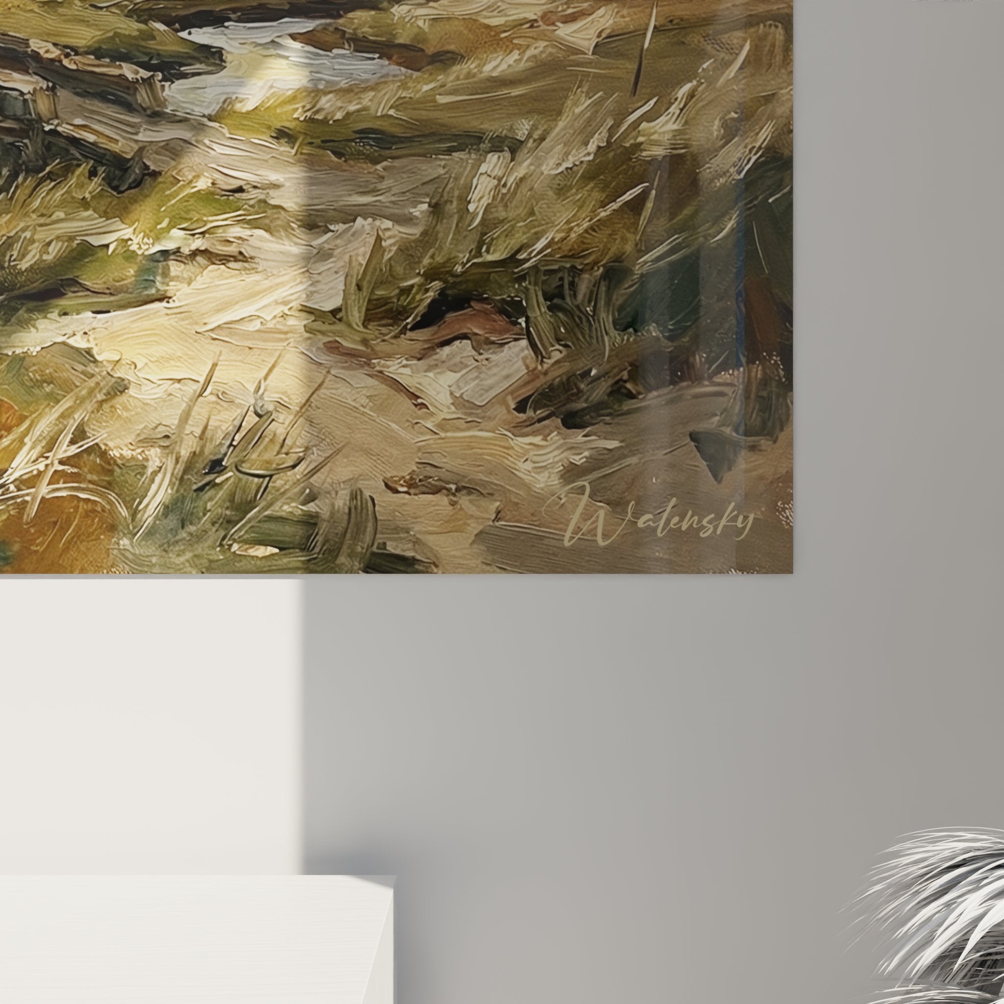 Vue d'ensemble du tableau golf écossais montrant l'ambiance dramatique du parcours côtier avec golfeurs au loin