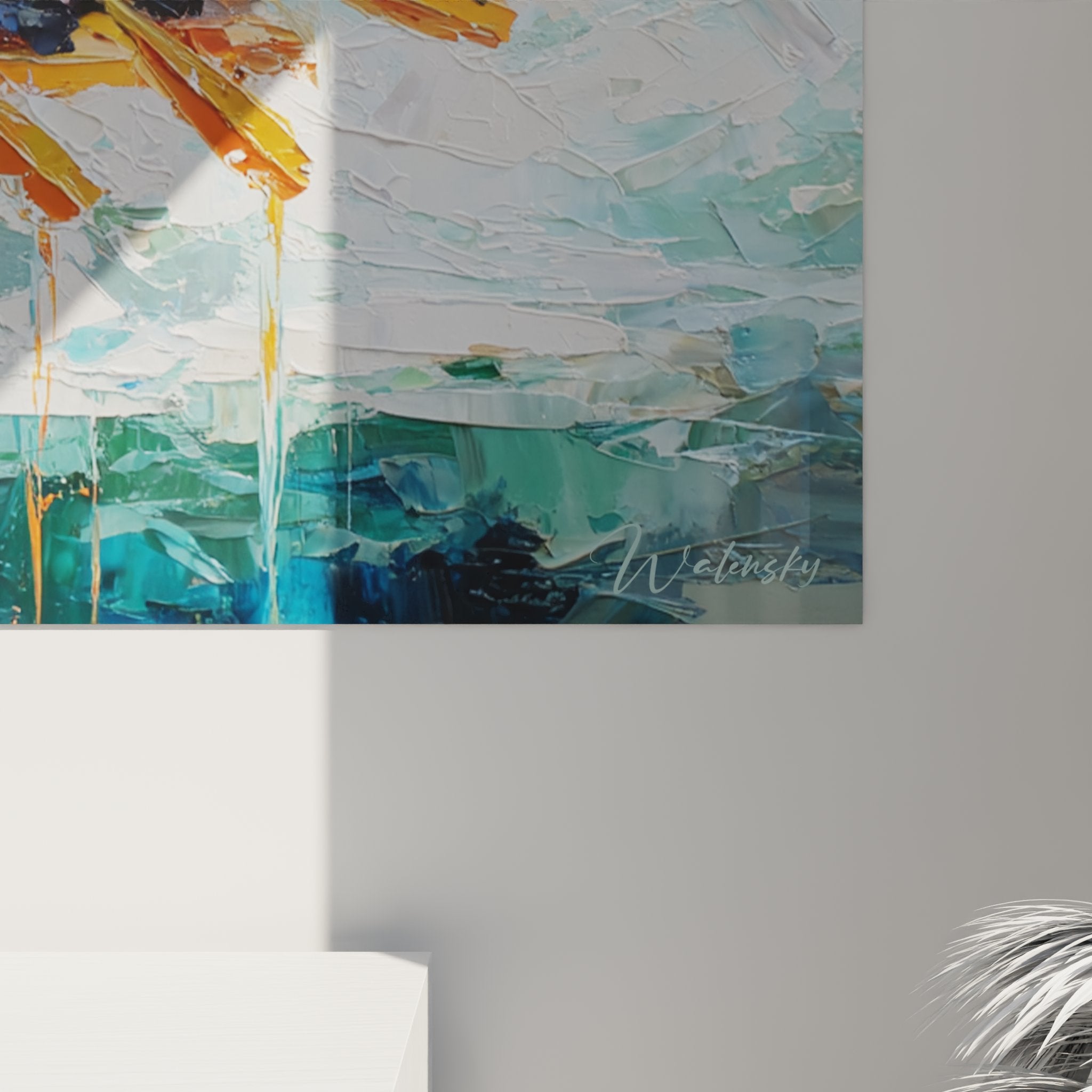 Full view of white water rafting artwork in contemporary interior bringing dynamism and energy to decor