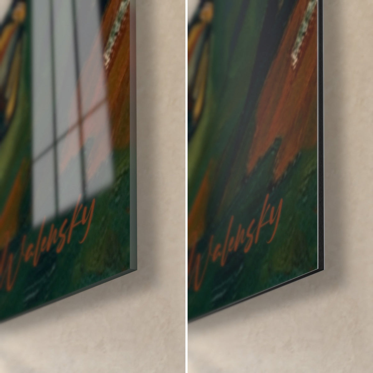 Gemälde einer Kuh mit orangefarbenen und grünen Flanken, untere rechte Ecke: glänzendes Acrylglas links, matte Dibond-Aluminium rechts, 3 mm Kante