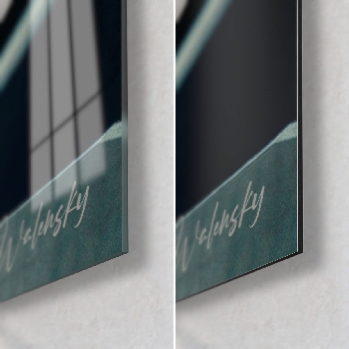 Wall art of a focused ping pong player, bottom right corner: glossy acrylic glass reflecting light, matte black Dibond aluminum, 3 mm edge
