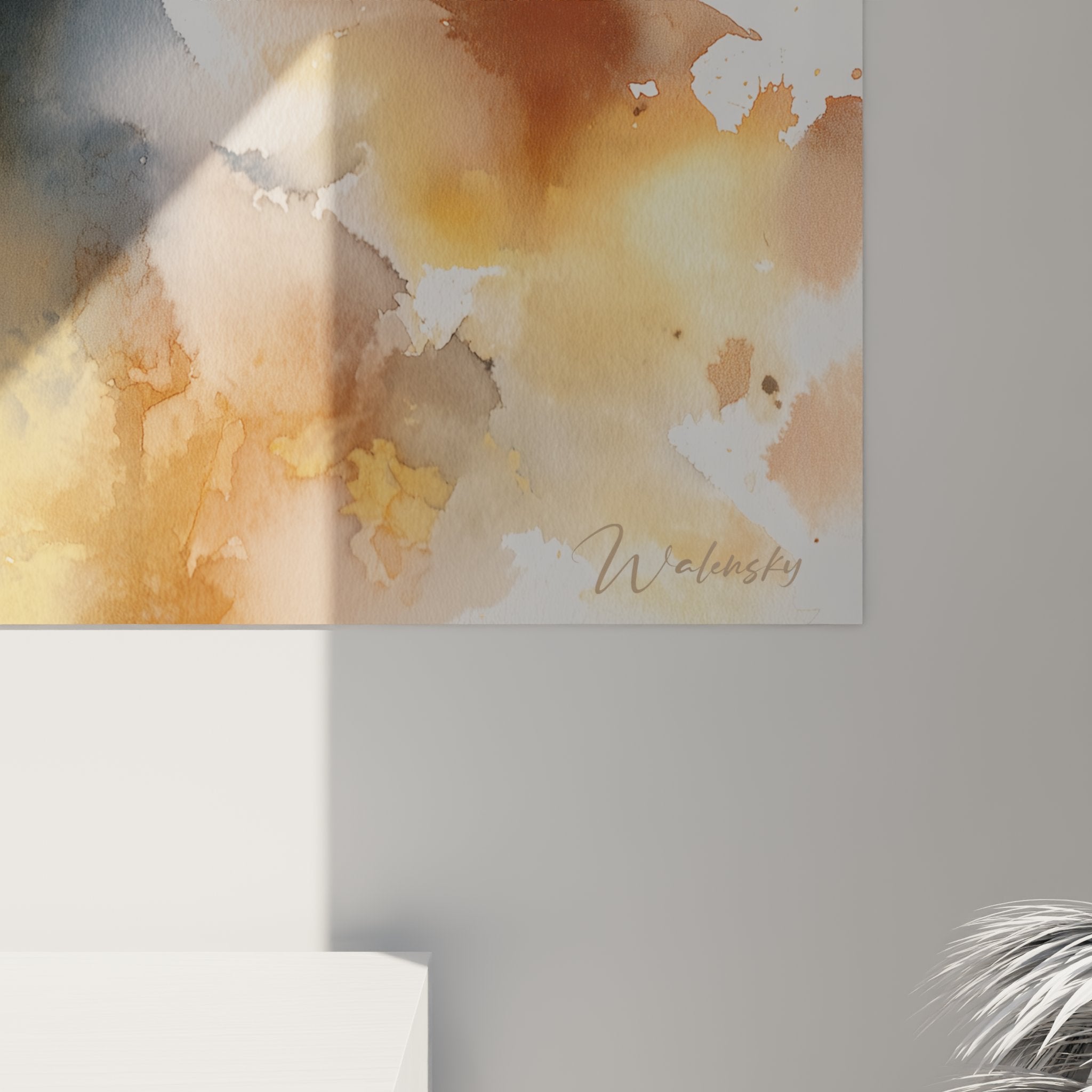 Vista d'insieme quadro murale gatto Abissino acquerello decorazione interni moderna arte felina