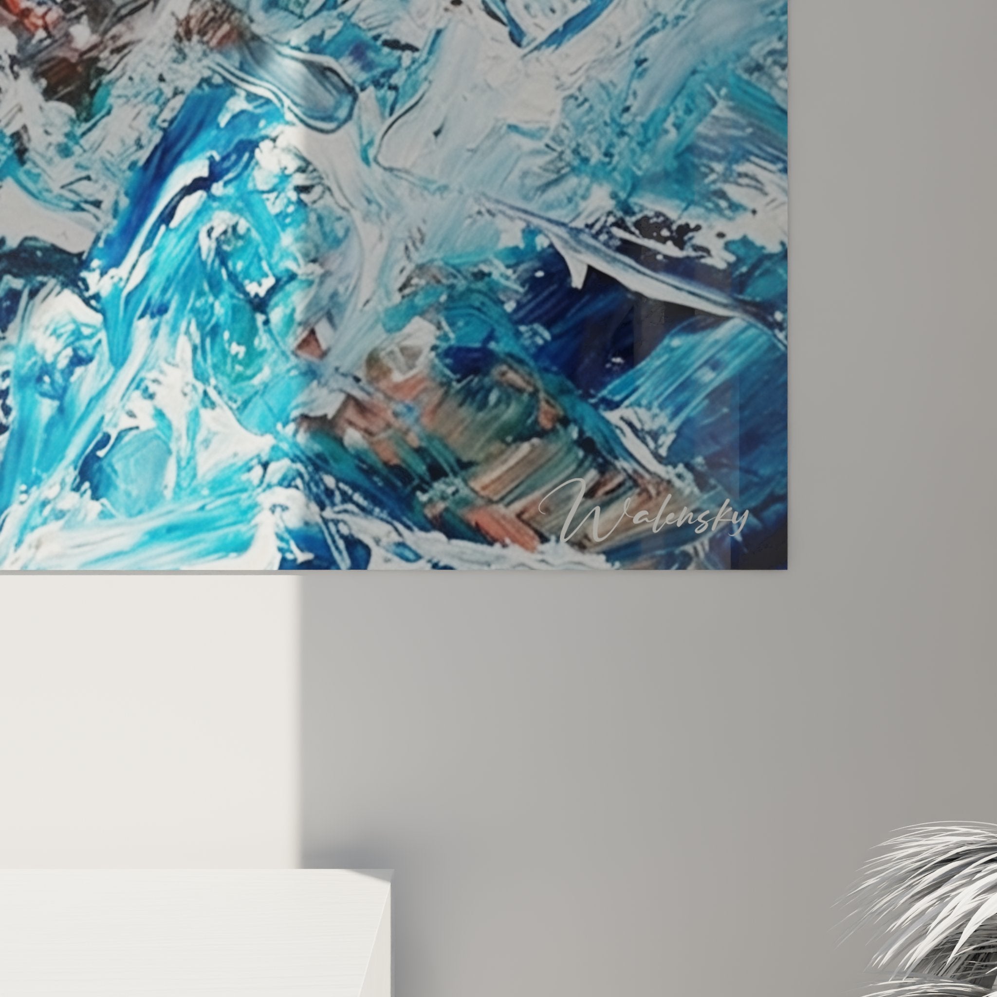 Overview of artistic swimming wall art decorating modern living room with dominant blue palette