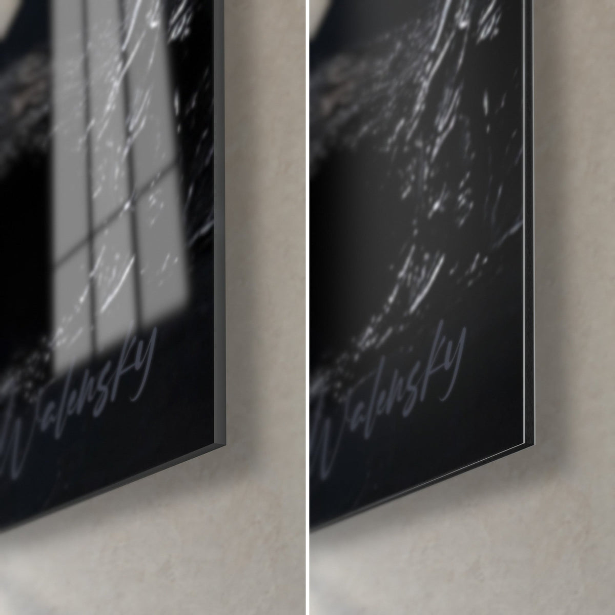 Gemälde Degenkämpfer, untere rechte Ecke: glänzendes Acrylglas mit grauen Reflexen und mattschwarzes Dibond, 3 mm Kante