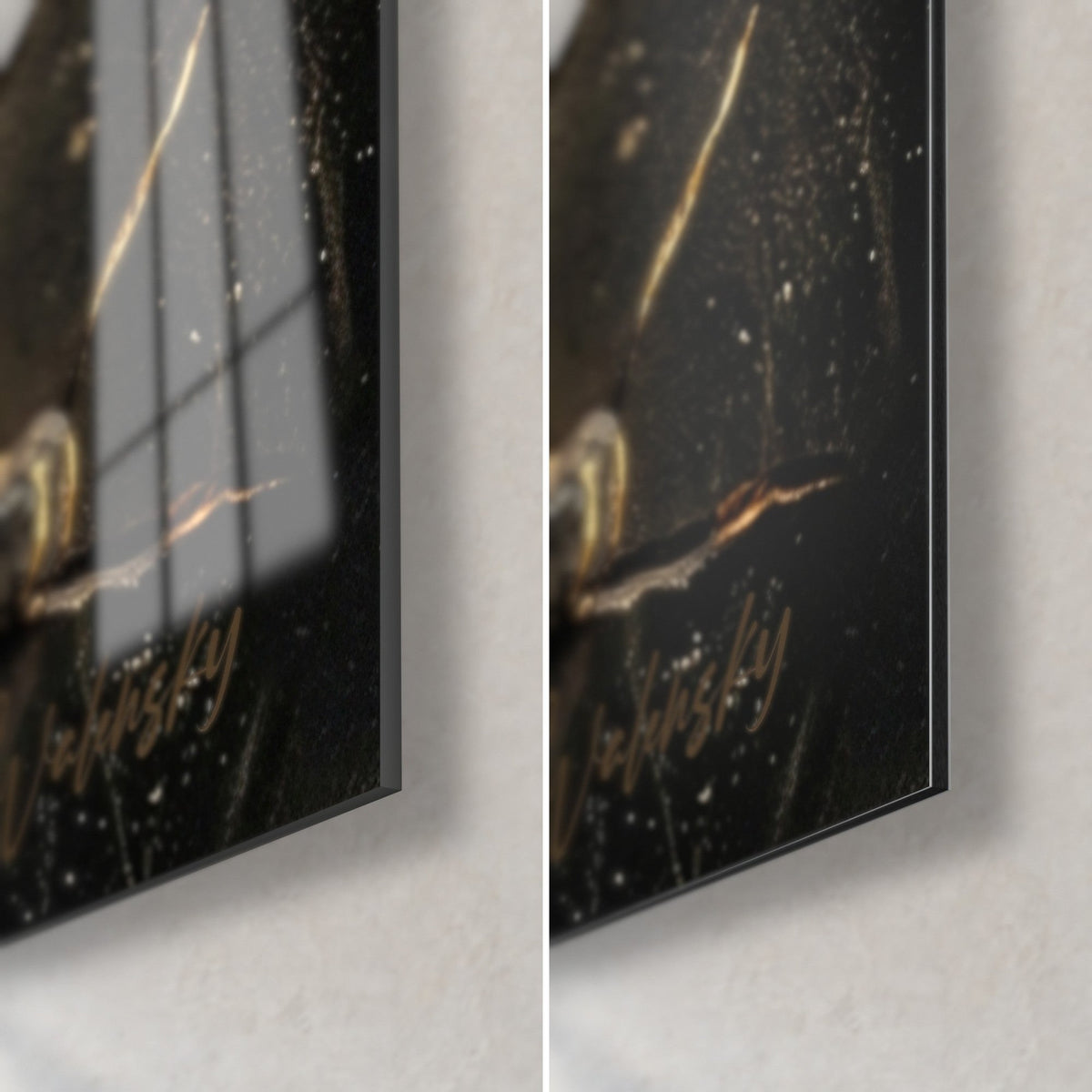 Wall art black and gold Bombay cat, bottom right corner: glossy acrylic glass with reflections, matte grey Dibond, fine 3 mm edge