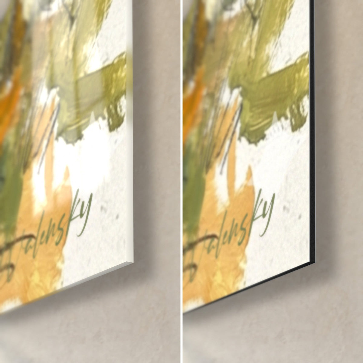Gemälde Platanen mit olivgrünem und ockerfarbenem Laub, Ecke unten rechts: glänzendes Acrylglas links, matte Dibond-Aluminium rechts, 3 mm Stärke