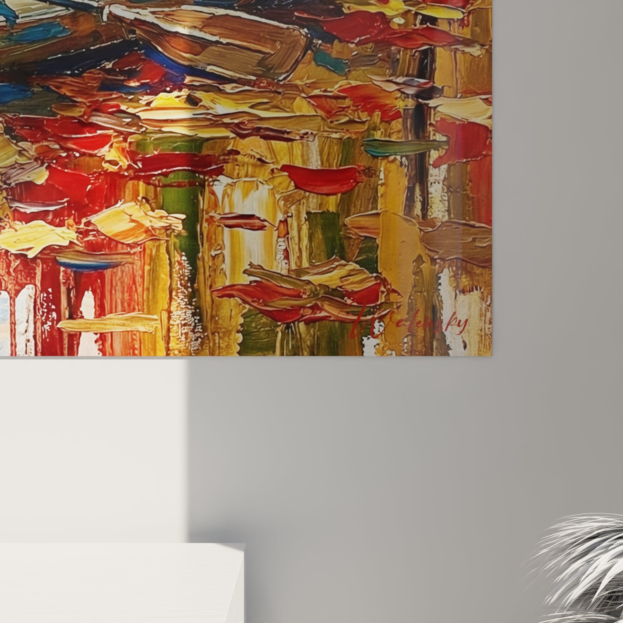 Vue d'ensemble tableau kayak rivière automne accroché au mur salon décoration nature