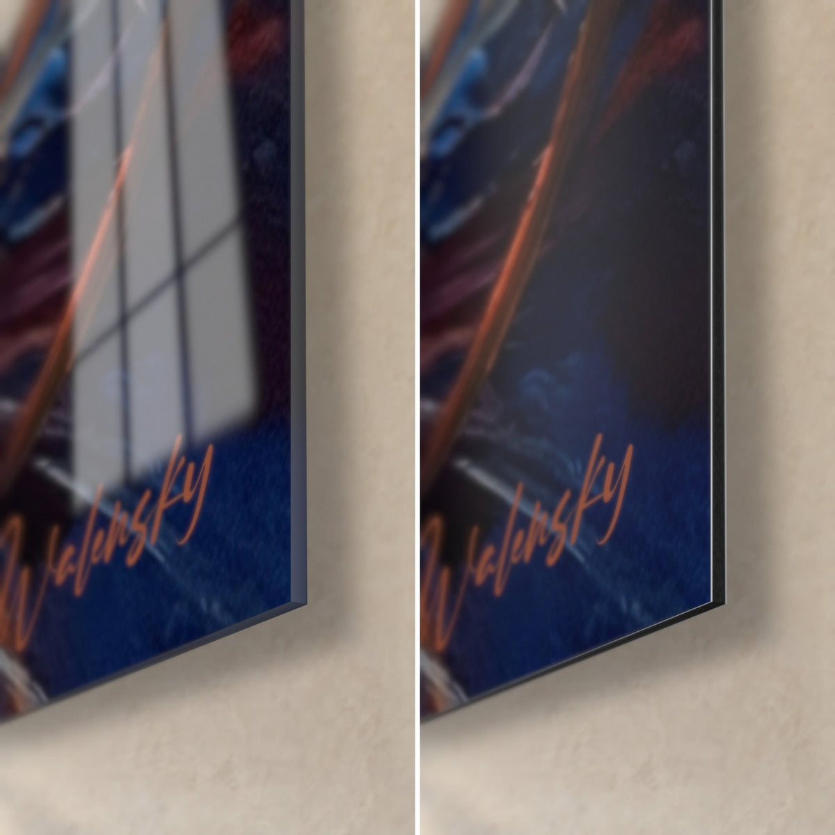 Tableau minou à la truffe orangée, coin bas droit : verre brillant aux reflets bleus, Dibond mat noir et signature cuivrée
