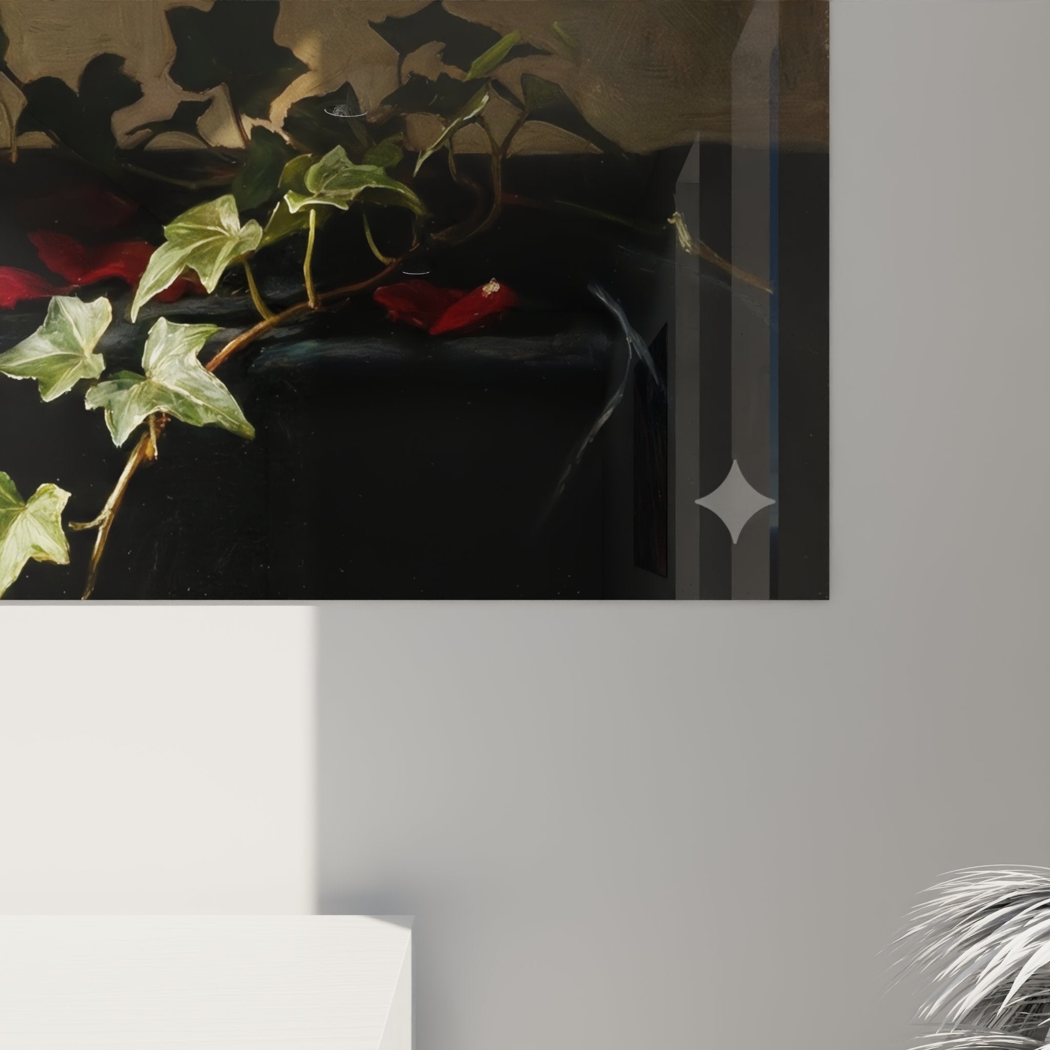 Vue d'ensemble tableau trophée tennis, nature morte sportive pétales roses lierre fond noir