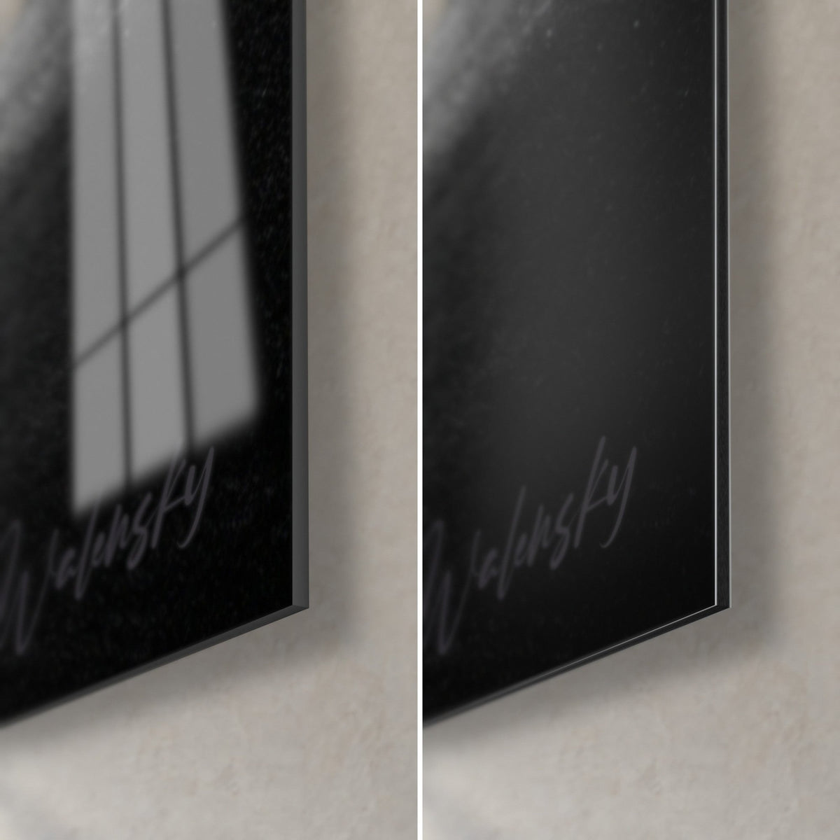 Schilderij van een golfer van achteren, rechtsonder in de hoek: glanzend zwart acrylglas links, mat grijs Dibond-aluminium rechts, rand van 3 mm