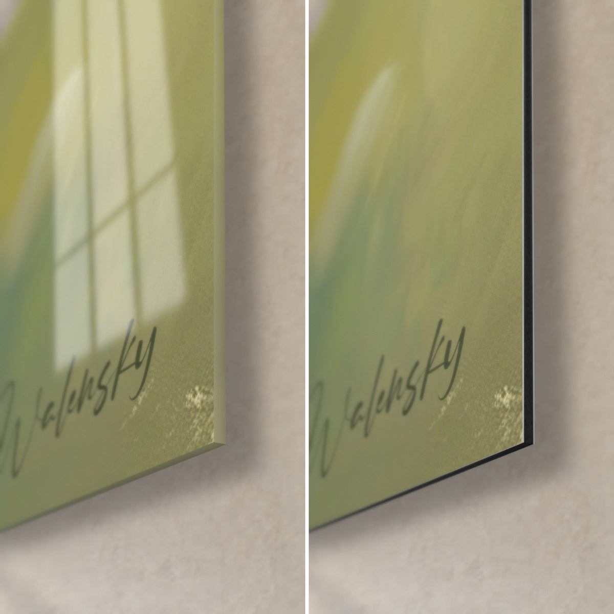 Wall art of a golfer at the swing, Walensky signature in dark green on apple green, glossy glass corner bottom right and matte Dibond