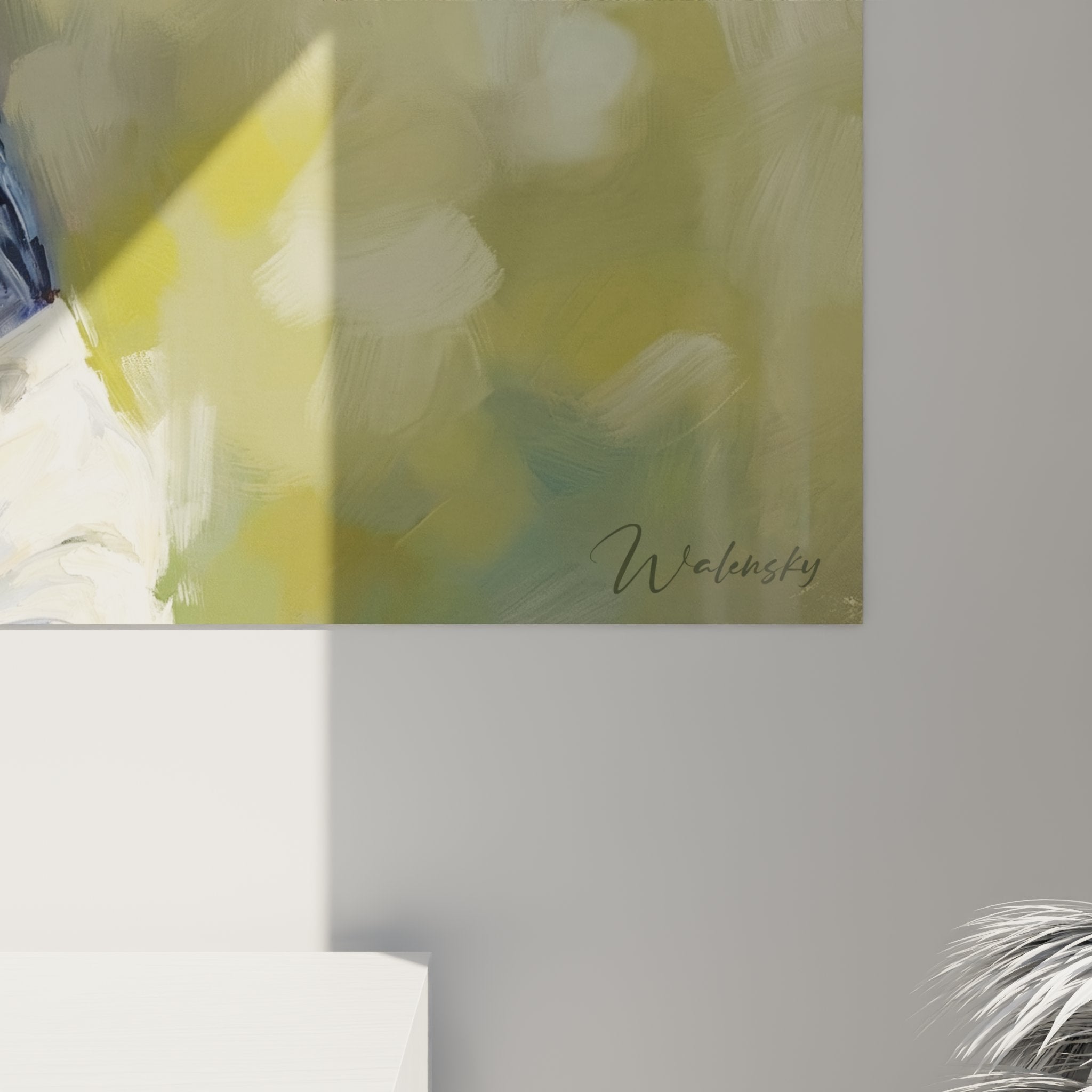 Vue d'ensemble tableau golf swing avec palette bleue dorée pour décoration intérieur sport