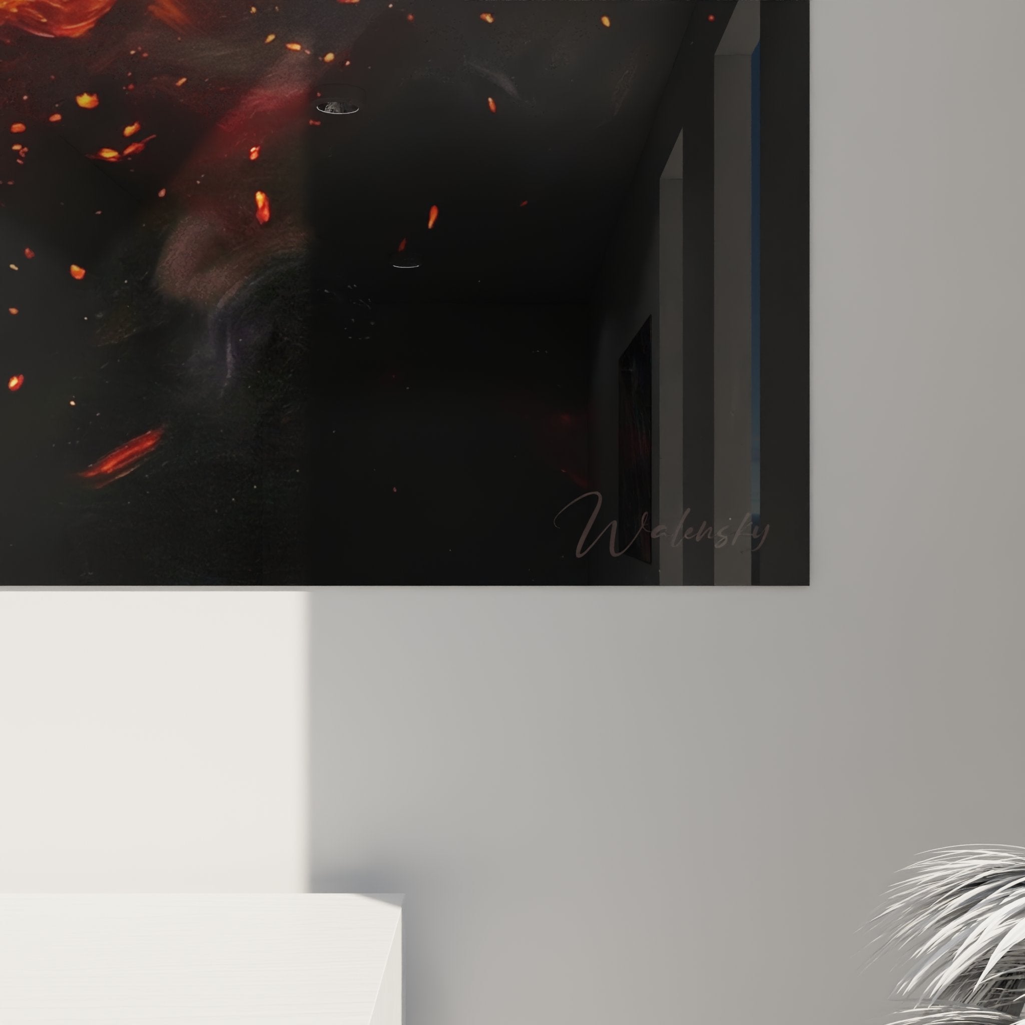 Vue d'ensemble tableau mural karaté flammes dans salon contemporain éclairage ambiance