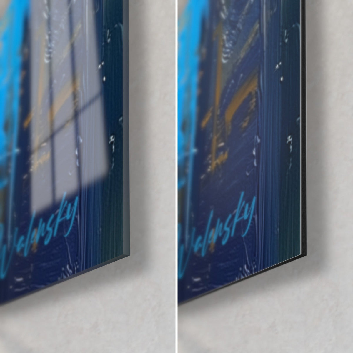 Cuadro de gato gris, esquina inferior derecha: cristal acrílico brillante azul noche a la izquierda, aluminio Dibond mate a la derecha, canto de 3 mm