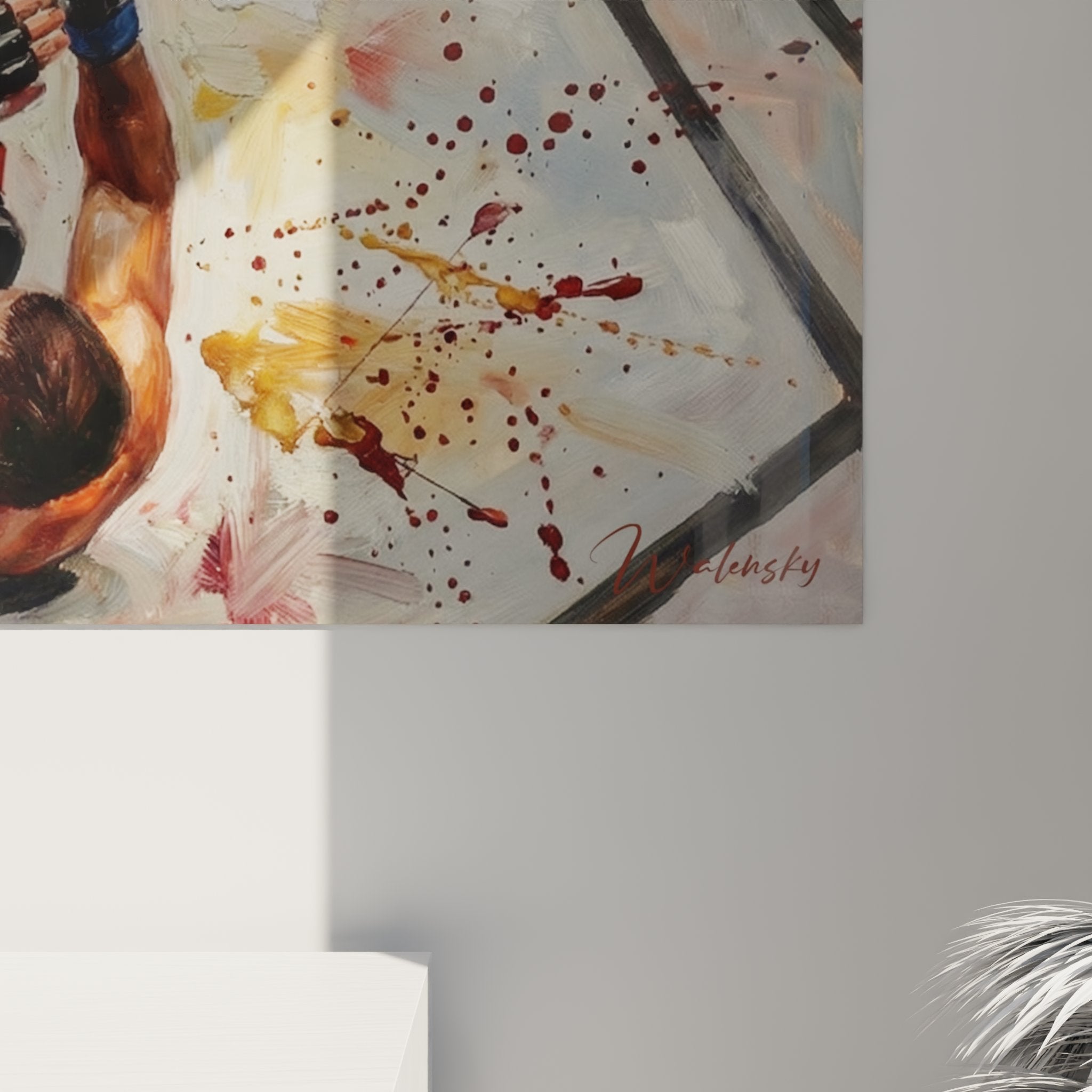 Vue ensemble tableau combat MMA accroche murale, scene de ground and pound dans octogone style artistique