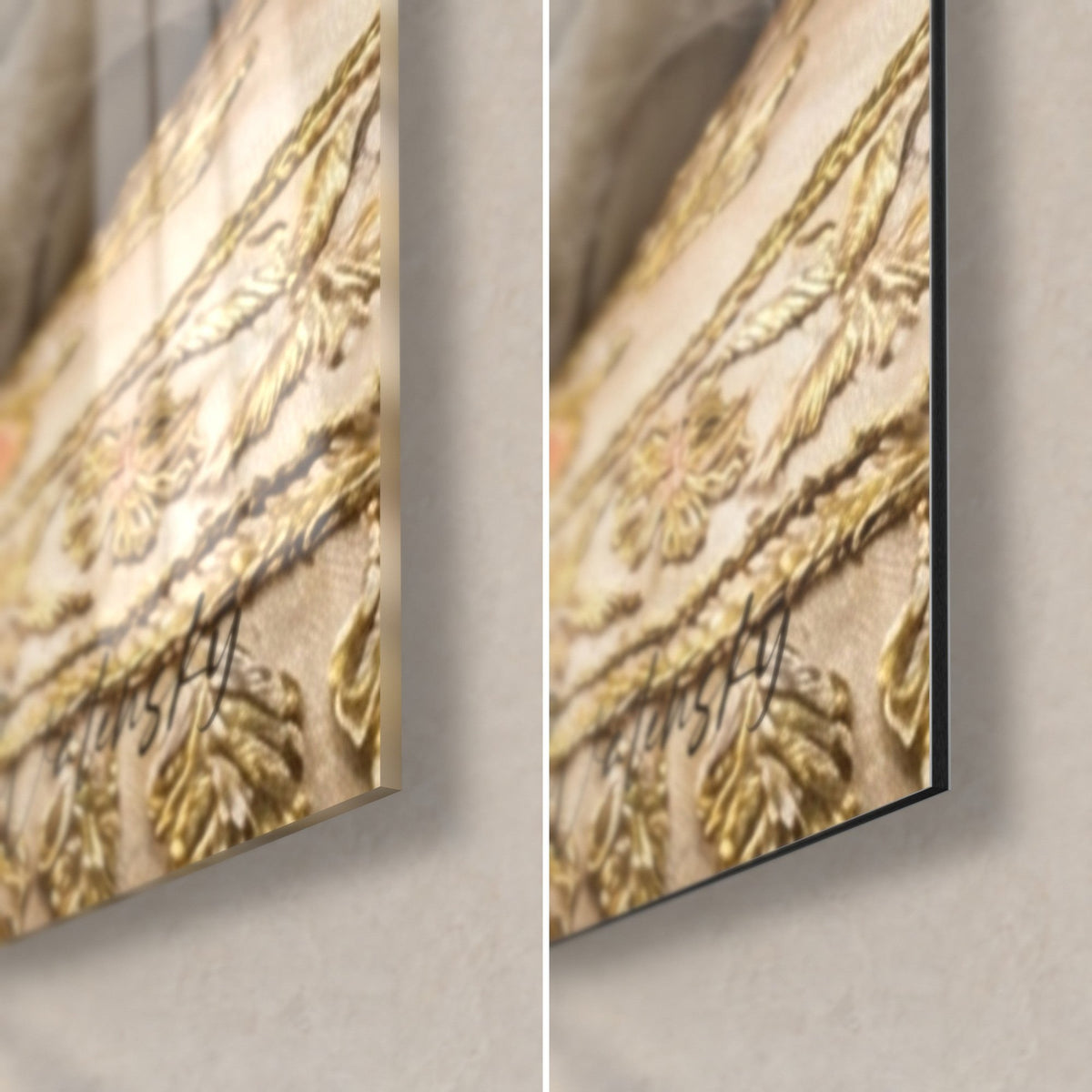 Gemälde weiße Katze, untere rechte Ecke: glänzendes Acrylglas links, mattschwarzes Alu-Dibond rechts, Goldstickereien und 3 mm Kante