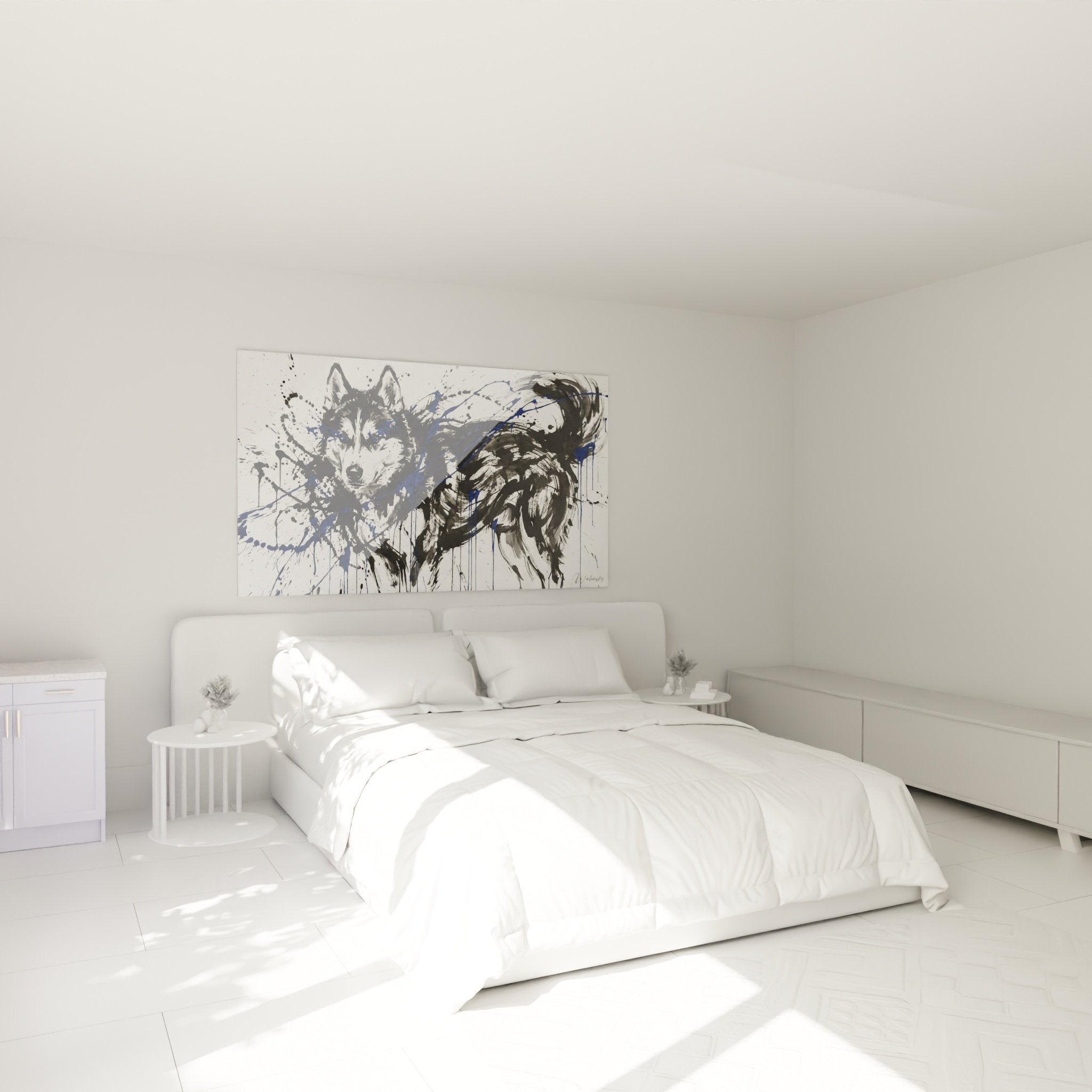 Tableau Husky aux éclats bleus décorant chambre moderne, ambiance contemporaine et dynamique