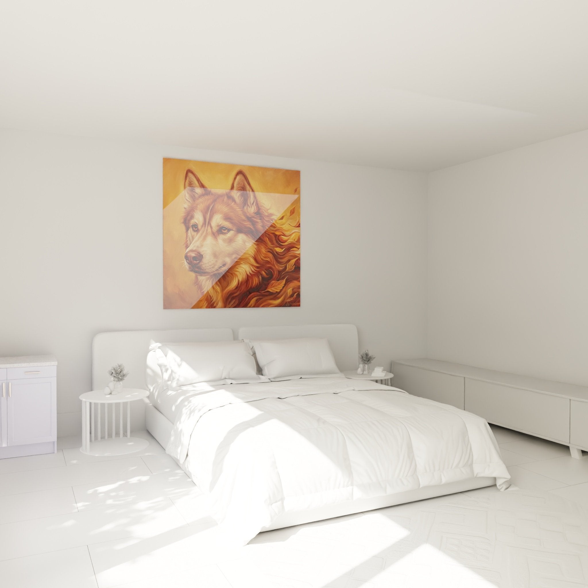 Tableau Husky Sibérien doré installé dans chambre moderne avec décoration harmonieuse tons chauds
