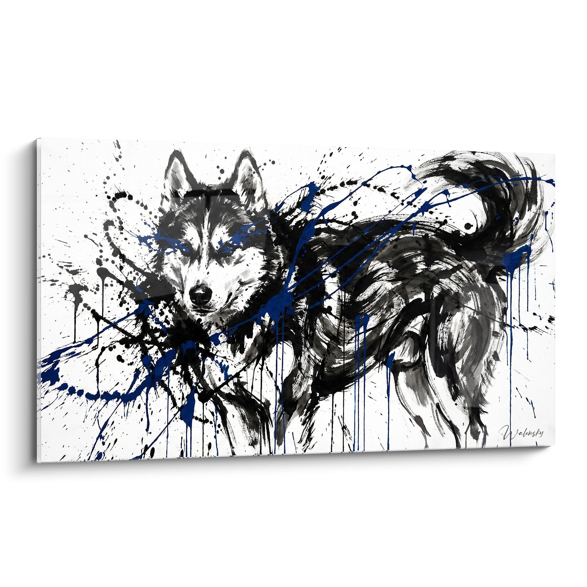 Tableau moderne Husky Sibérien expressif avec éclaboussures bleues sur fond blanc, art animalier contemporain