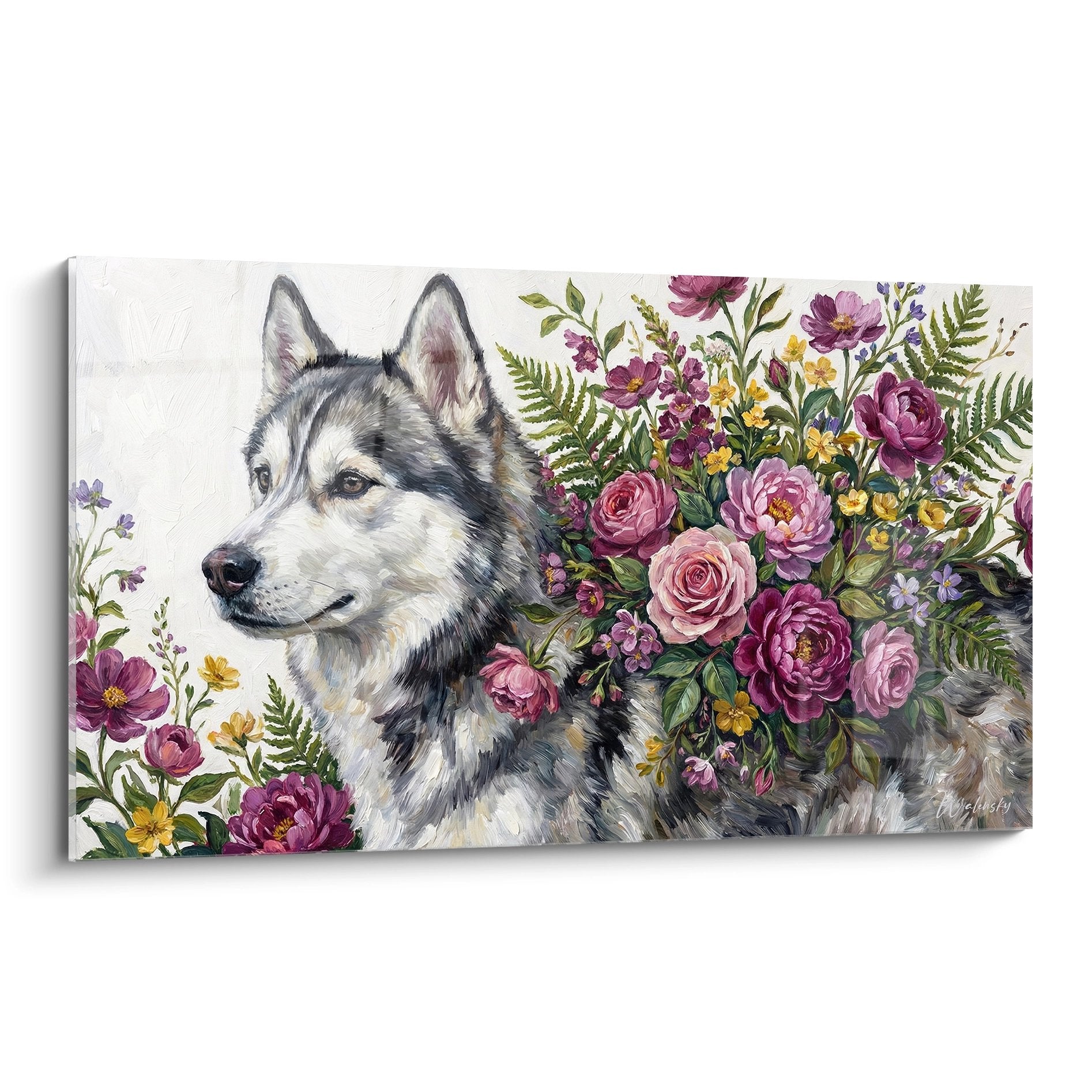 Tableau portrait Husky Sibérien yeux bleus entouré pivoines roses violettes fond blanc art mural chien fleurs