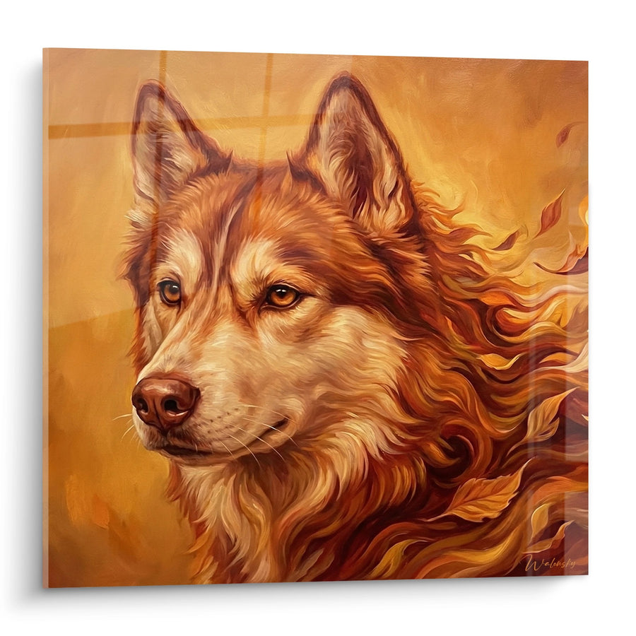 Tableau Husky aux Tons Dorés et Flammes Artistiques - Regard Intense - Edition Husky Sibérien