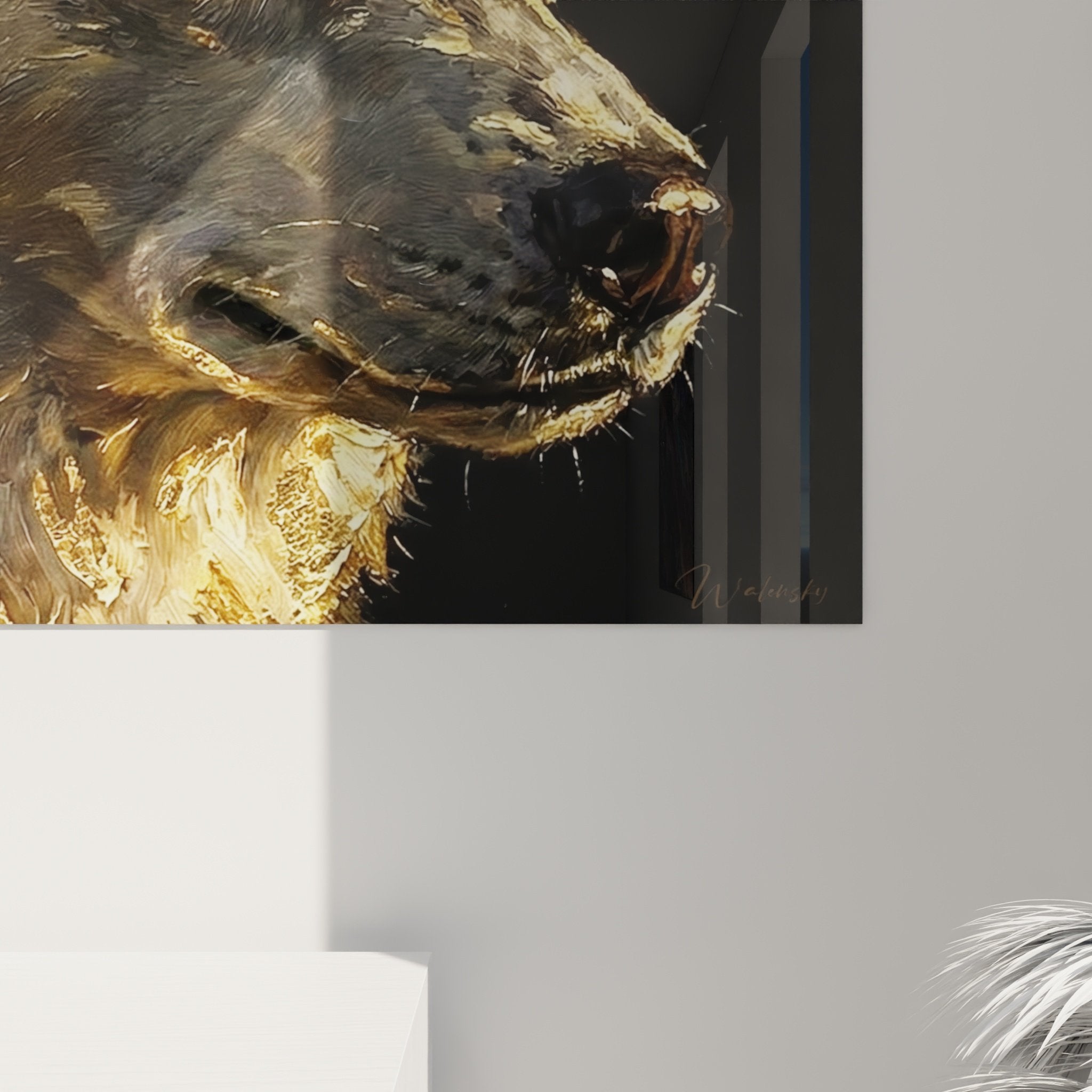 Portrait overview of Siberian Husky in contemporary living room with natural wood furniture and earth-tone decor