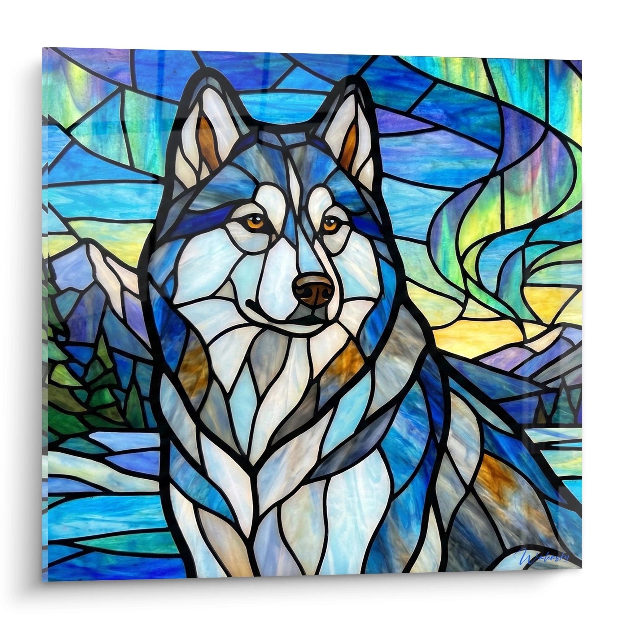 Portrait de Husky Sibérien aux yeux ambrés en style vitrail bleu et turquoise avec contours noirs géométriques