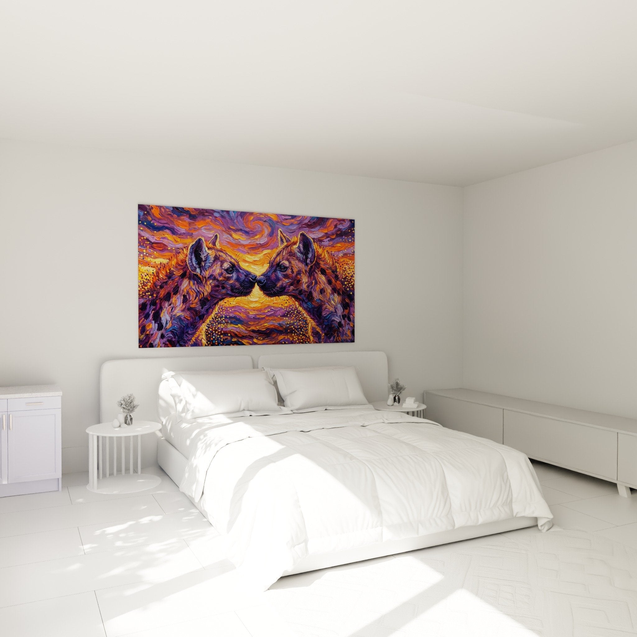 Tableau hyenes tendresse sauvage violet orange decoration chambre art animalier moderne mur gris