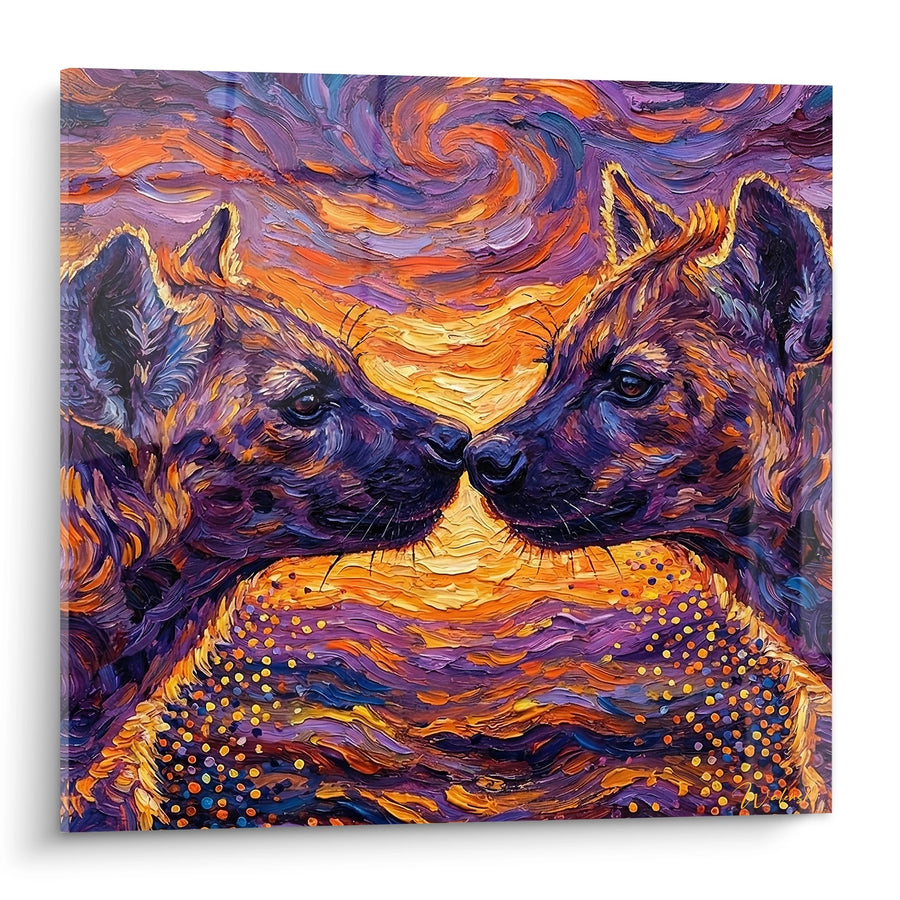 Tableau Hyènes Enlacées Tourbillons Violets et Orange - Tendresse Sauvage - Edition Hyene