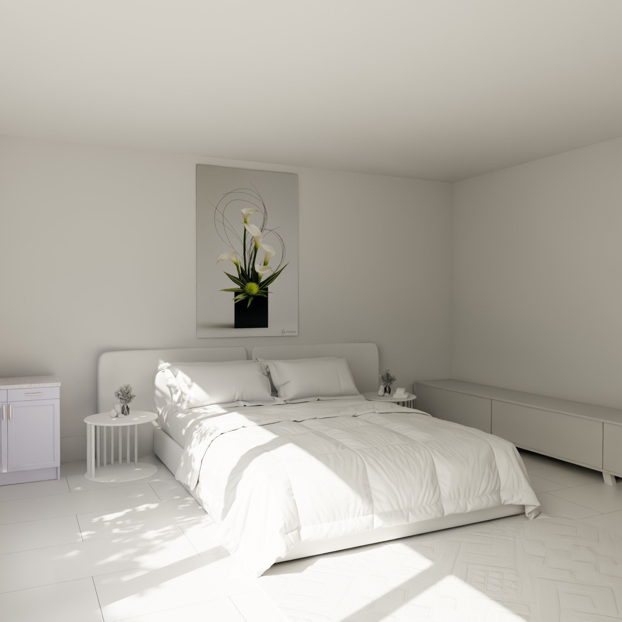 Japanese floral art ikebana painting with white calla lilies above a bed in modern zen bedroom