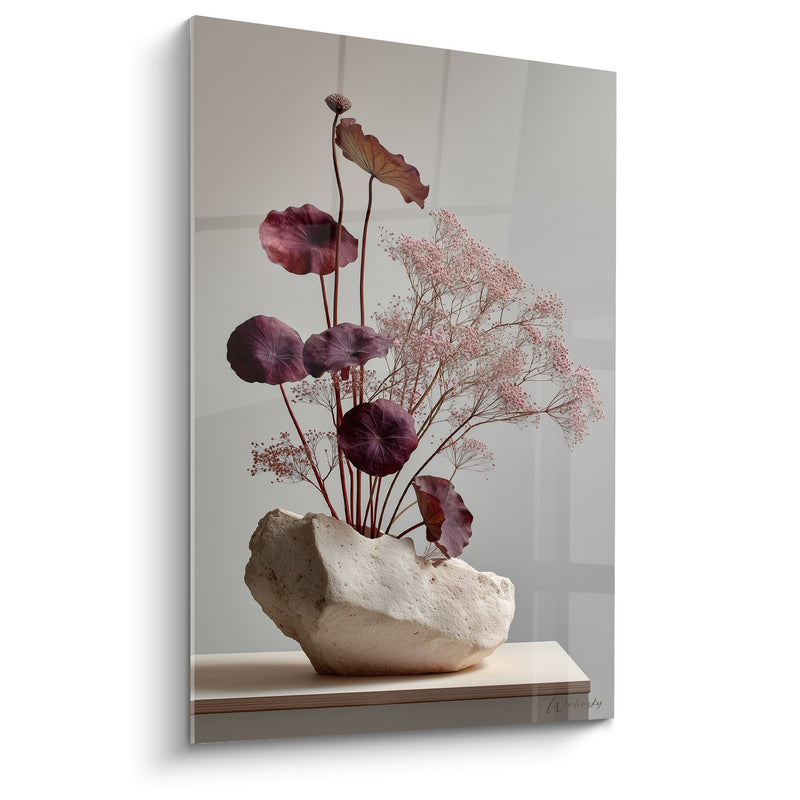 Tableau composition florale minimaliste vase sculptural feuilles bordeaux - Harmonie Zen - Edition Ikebana