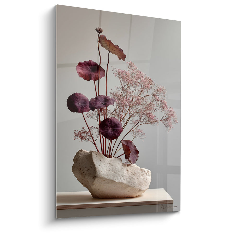 Tableau composition florale minimaliste vase sculptural feuilles bordeaux - Harmonie Zen - Edition Ikebana