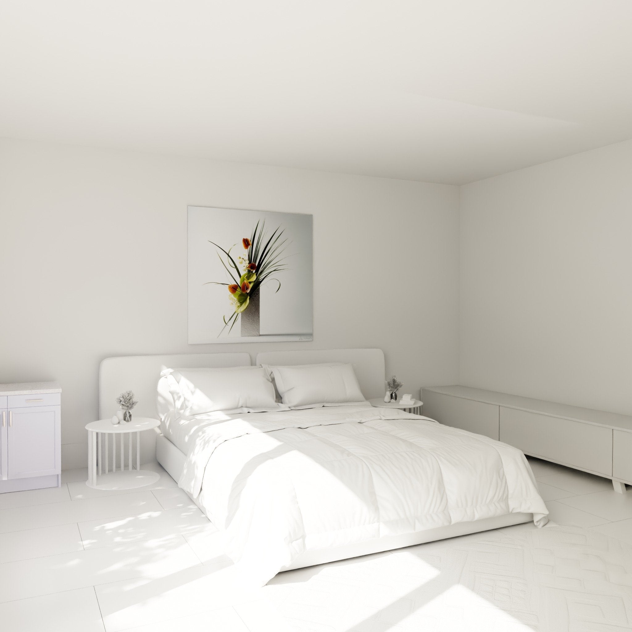 Tableau ikebana composition florale zen dans chambre moderne murs blancs décoration minimaliste épurée